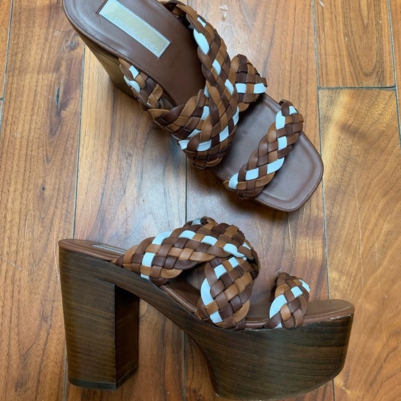 Michael Kors Woven Leather Citrine Platform Slides Chunky Heels 70s Retro 8 - Picture 2 of 12